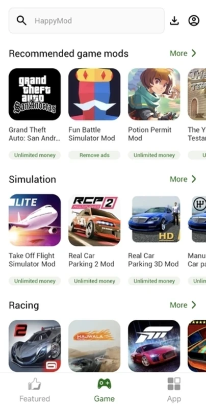 Android cihazda ücretsiz modlanmış oyunlar ve uygulamaları gösteren HappyMod arayüzü.